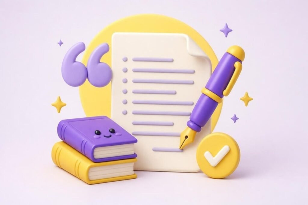 3D ilustrácia: dokument so zoznamom literatúry, pero a úvodzovky