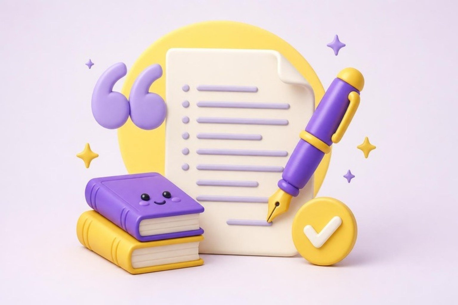 3D ilustrácia: dokument so zoznamom literatúry, pero a úvodzovky
